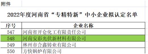 祝贺！光伏新材料通过河南省“专精特新”中小企业认定